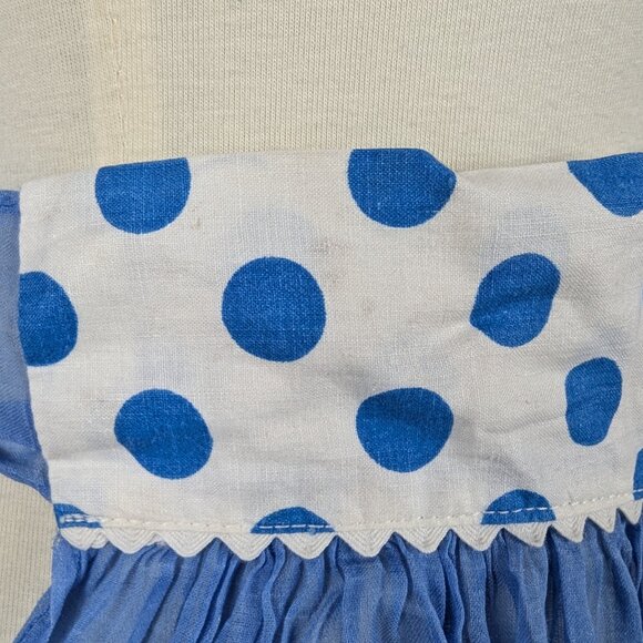Gingham Girl Vintage Semi Sheer Tie Back Half Apron Pocket Polka Dot Blue 1970s - Picture 7 of 8